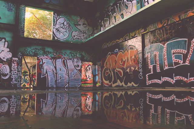 Abandoned structure showcasing vibrant and intricate graffiti on walls, with reflections on the water-covered floor. Ideal for use in projects related to urban exploration, street art culture, decay aesthetics, and artistic expression in public spaces.