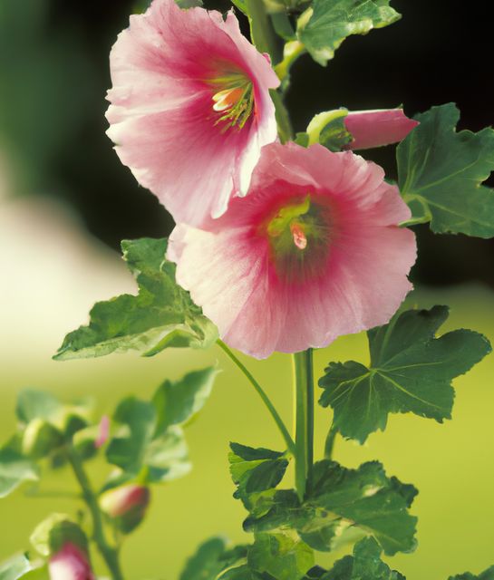 Close up of pink hollyhock flowers on blurred background created using generative ai technology. Nature and harmony concept, digitally generated image.