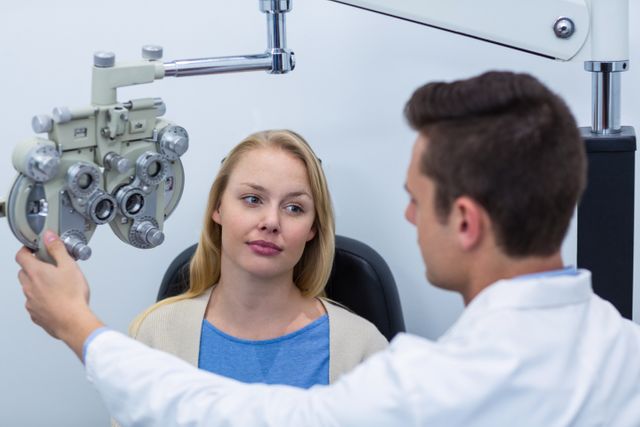 Optometrist conducting an eye exam on a female patient using specialized equipment in an ophthalmology clinic. Useful for illustrating eye care services, healthcare professional interactions, and medical examinations. Ideal for use in healthcare websites, brochures, and educational materials about vision care.