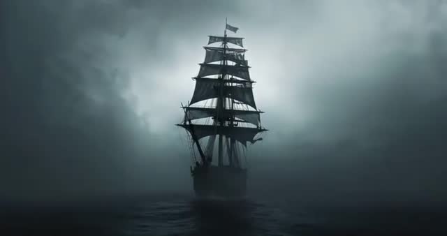 Three-Masted Ship Navigating Misty Ocean Dawn