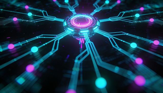 Neon network hub radiating cyan circuit traces with magenta nodes on dark tech grid