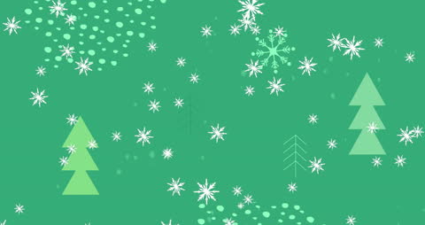 Festive Falling Snowflakes on Green Background with Trees