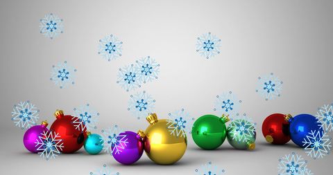 Colorful Christmas Baubles with Falling Snowflakes