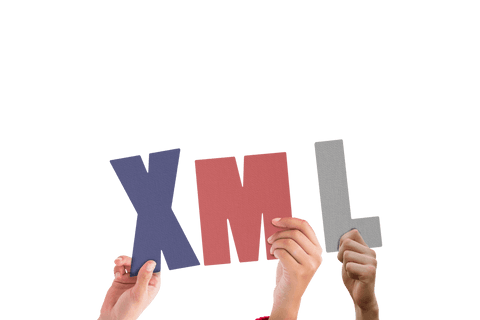 Transparent hands holding large colorful xml letters