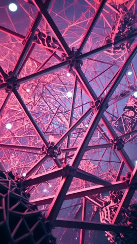 Pulling Camera Through Geodesic Dome Revealing Neon Mesh, Metallic Lattice and LED Nodes