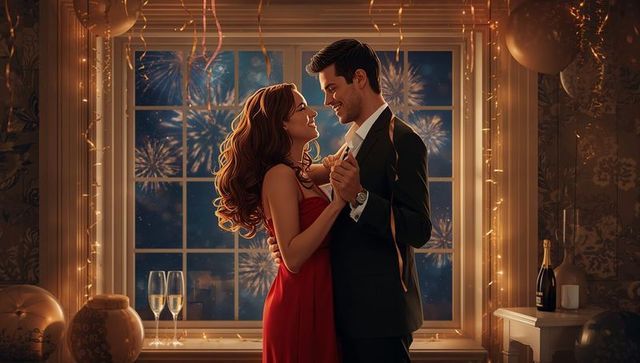 Romantic couple dancing near window with fireworks and champagne new year celebration
