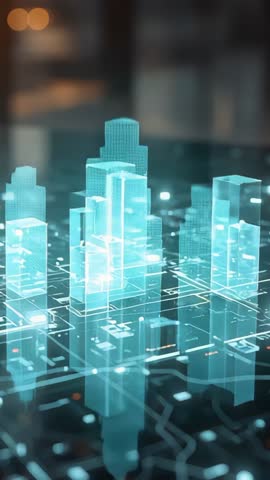 Projecting holographic city grid in tech lab for architectural design review, vertical