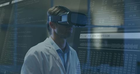 Researcher wearing vr analyzing encryption in laboratory interface