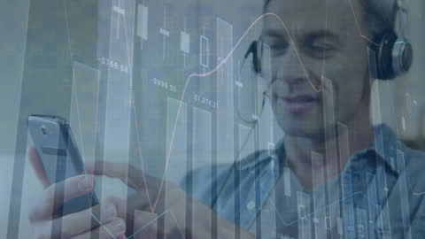 Man Engaging with Financial Data via Smartphone and Headset