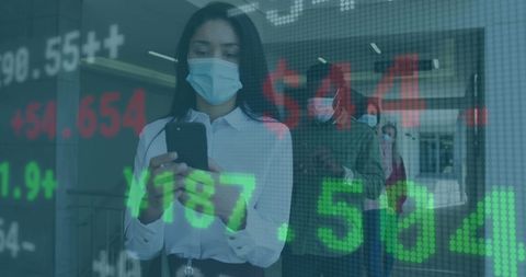 Business Team Analyzing Digital Data with Protective Masks