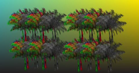 Vibrant coconut trees against colorful gradient background