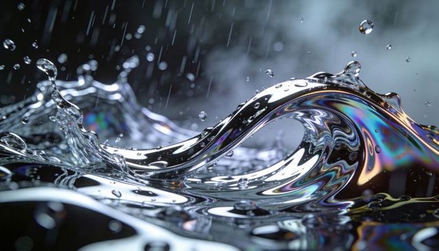 Iridescent water wave splash capturing high-speed droplets and glossy reflections