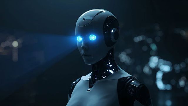 Gazing humanoid robot emitting blue eye beams on rooftop at night with city lights