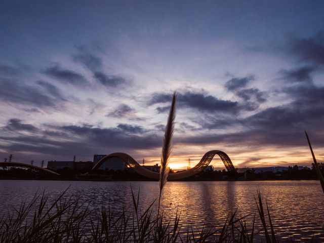 Sunset view of a modern curved bridge with a calm river reflecting the vibrant twilight sky. Grass stalks frame the water scene, adding a touch of nature. Suitable for themes related to tranquility, architecture, and nature's beauty during evening hours.