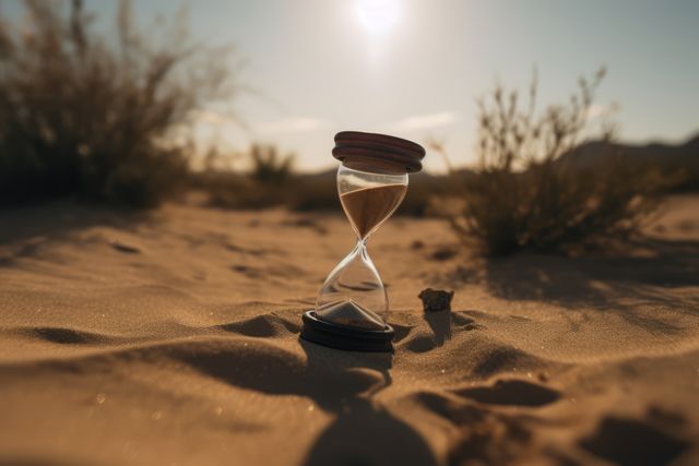 Hourglass stands on desert sand with sunlight in the background highlighting the theme of time passing and tranquility. This image can be used for presentations or articles related to time, change, nature, or motivational content regarding the passage of time and the importance of every moment. Ideal for blogs, environmental campaigns, and illustrating concepts related to patience or sustainability.