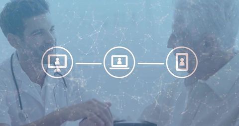 Doctor consulting senior patient with telemedicine device network overlay and digital care