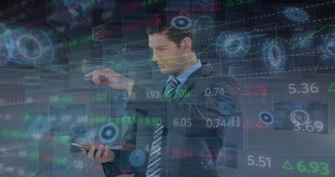Businessman Using Smartphone Amidst Virtual Trading Graphics