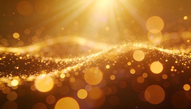Shimmering golden particle waves glowing bokeh background with sparkling light rays