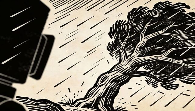 Bending gnarled tree leaning into fierce wind woodcut landscape with storm texture