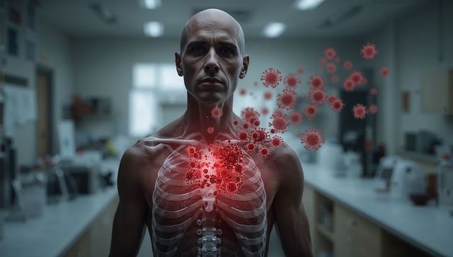 Bare-chested man showing translucent ribcage and glowing chest viral infection in clinical lab