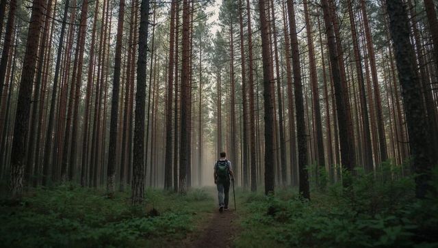 Solo hiker walking misty pine forest trail with backpack and trekking pole at dawn