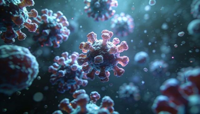 Floating microscopic coronavirus particles showing spike proteins and aerosol droplets