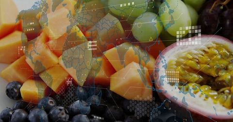 Digital overlay on fresh fruits with data visualization elements