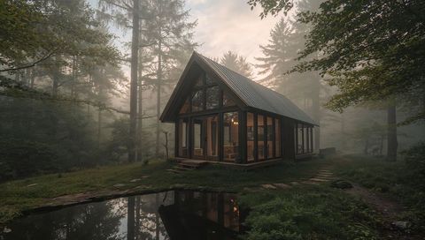 Misty forest aframe cabin with glass walls, warm interior glow and pond reflection
