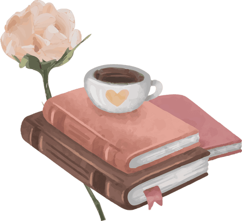Transparent watercolor book stack with coffee cup and rose