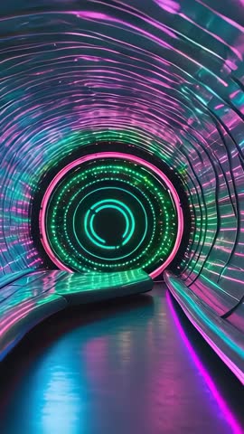 Gliding Through LED Tunnel with Pulsing Neon Portal Rings — Futuristic Vertical Video