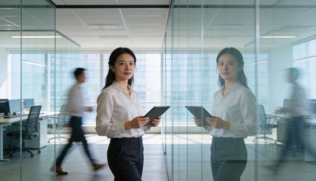 Businesswoman holding tablet in modern glass office reflecting confidence and productivity