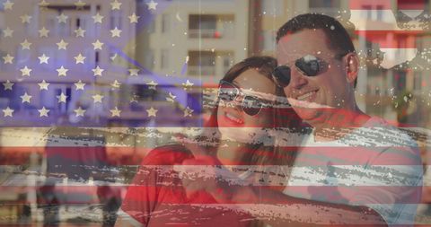 Happy Couple with American Flag Overlay in Urban Setting
