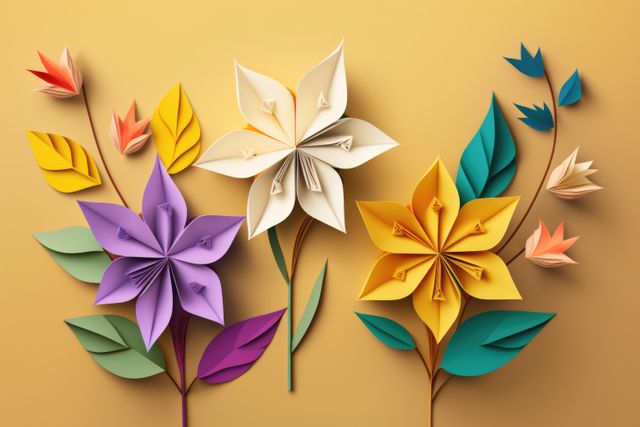 Colourful origami paper flowers on orange background, created using generative ai technology. Origami, art, nature and flowers, digitally generated image.