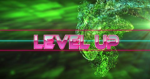Dynamic 'level up' text with futuristic background design