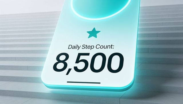 Glowing mobile fitness ui showing 8,500 steps with teal progress ring on staircase