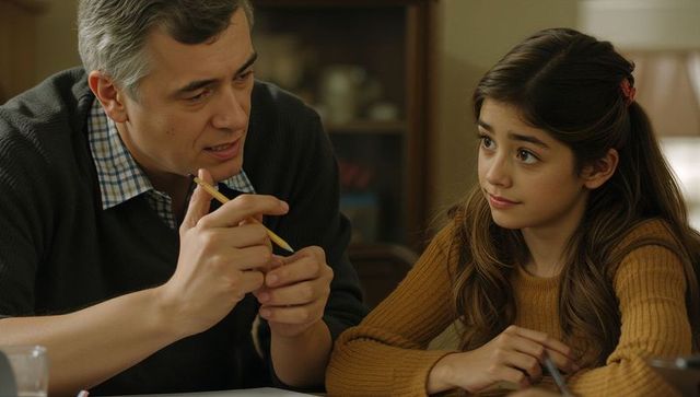 Father tutoring teen daughter at home teaching homework mentoring in cozy living room