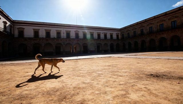 Stray dog walking across sunlit historic courtyard casting long shadow under stone arcade