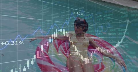 Woman in Pool with Financial Charts Overlay