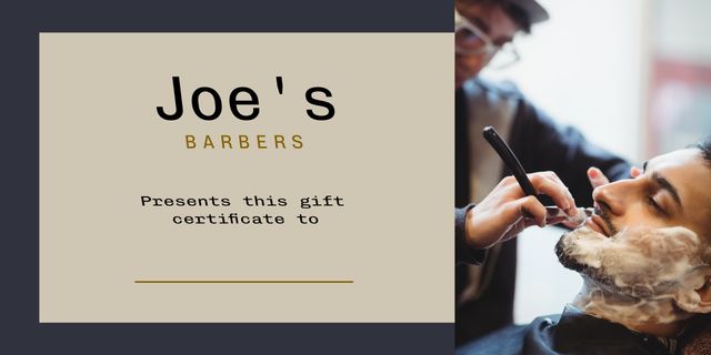 Elegant barbershop gift certificate design featuring an image of a barber providing a luxurious shave. Perfect for creating personalized vouchers or gifts for birthdays, holidays, or special occasions. Ideal for promoting barbershop services, men's grooming products, and enhancing brand identity.