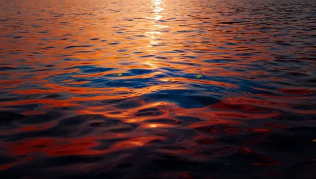 Rippling water reflecting sunset colors with warm orange glow and deep blue shadows