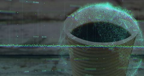 Coffee Cup Hologram with Digital Data in Futuristic Setting
