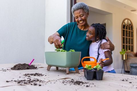 African grandmother and granddaughter gardening together on porch spraying seedlings