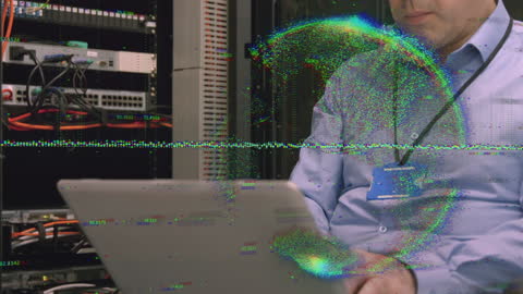 Digital Interference in Server Room with Businessman Working