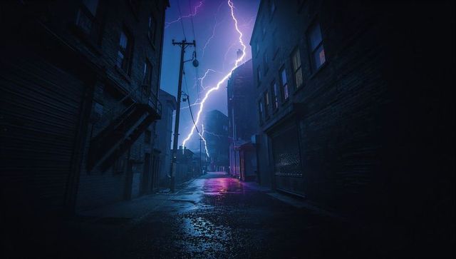 Dynamic lightning illuminating urban alley at night