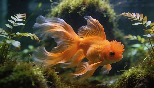 Gliding orange oranda goldfish with flowing tail and wen in planted freshwater aquarium