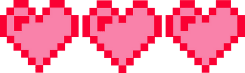 Three pixel art hearts on transparent background for retro design