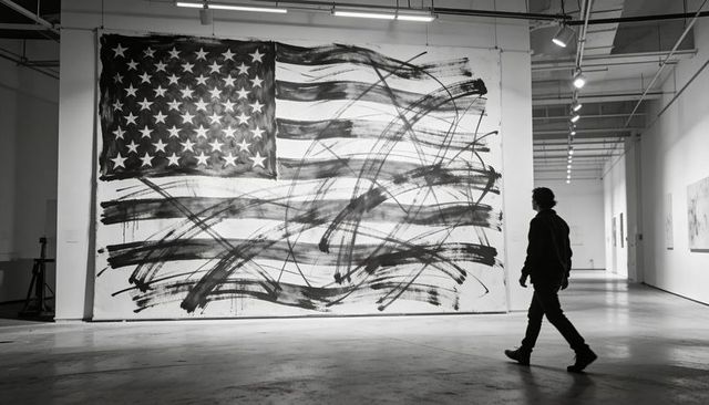 Walking silhouette passing oversized gestural american flag mural in industrial gallery
