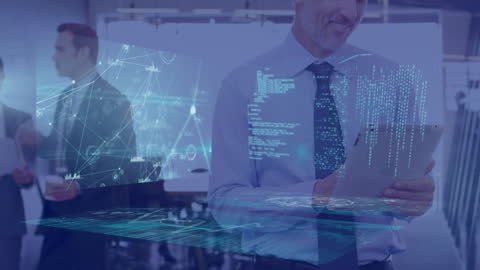 Businessman Interacting with Holographic Data Screen