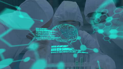 Scientists Analyzing Data in Laboratory with Digital Overlay