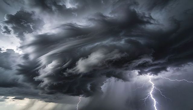Rotating Supercell Thundercloud Unleashing Fork Lightning and Rain Shafts over Plains